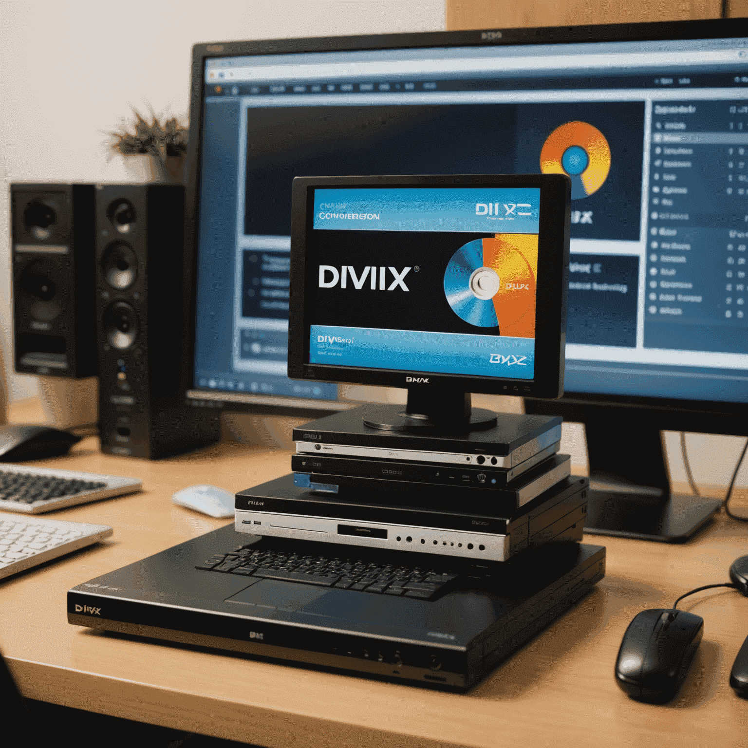 A stack of DVDs next to a computer screen showing DivX format conversion progress