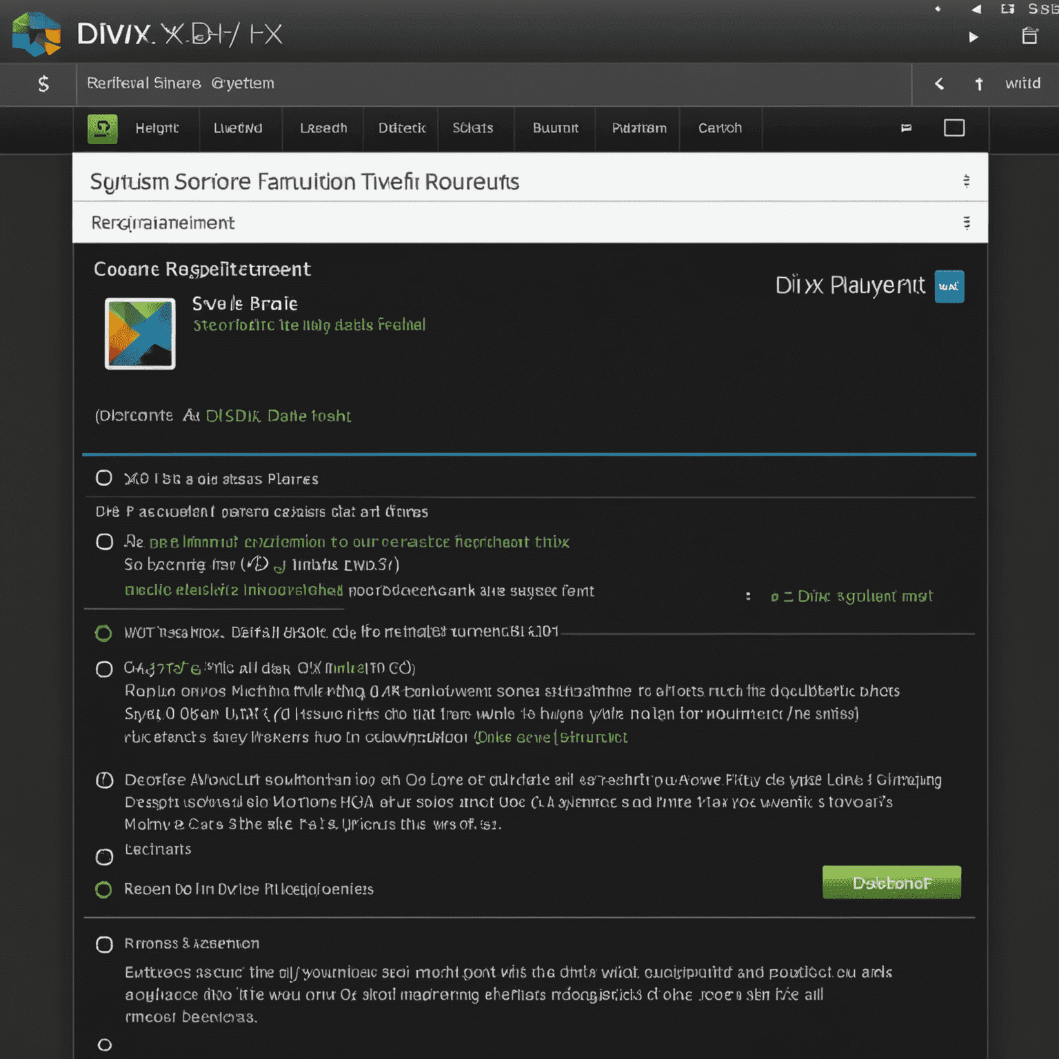 Screenshot of DivX player download page, showing a prominent download button and system requirements