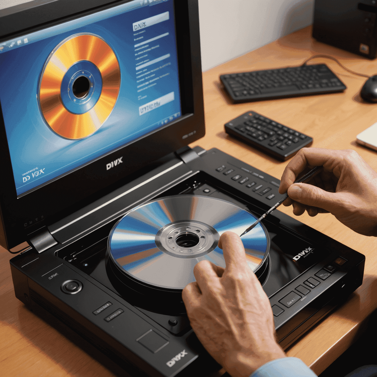 A person inserting a DVD into a DVD burner, with DivX files displayed on a computer screen in the background