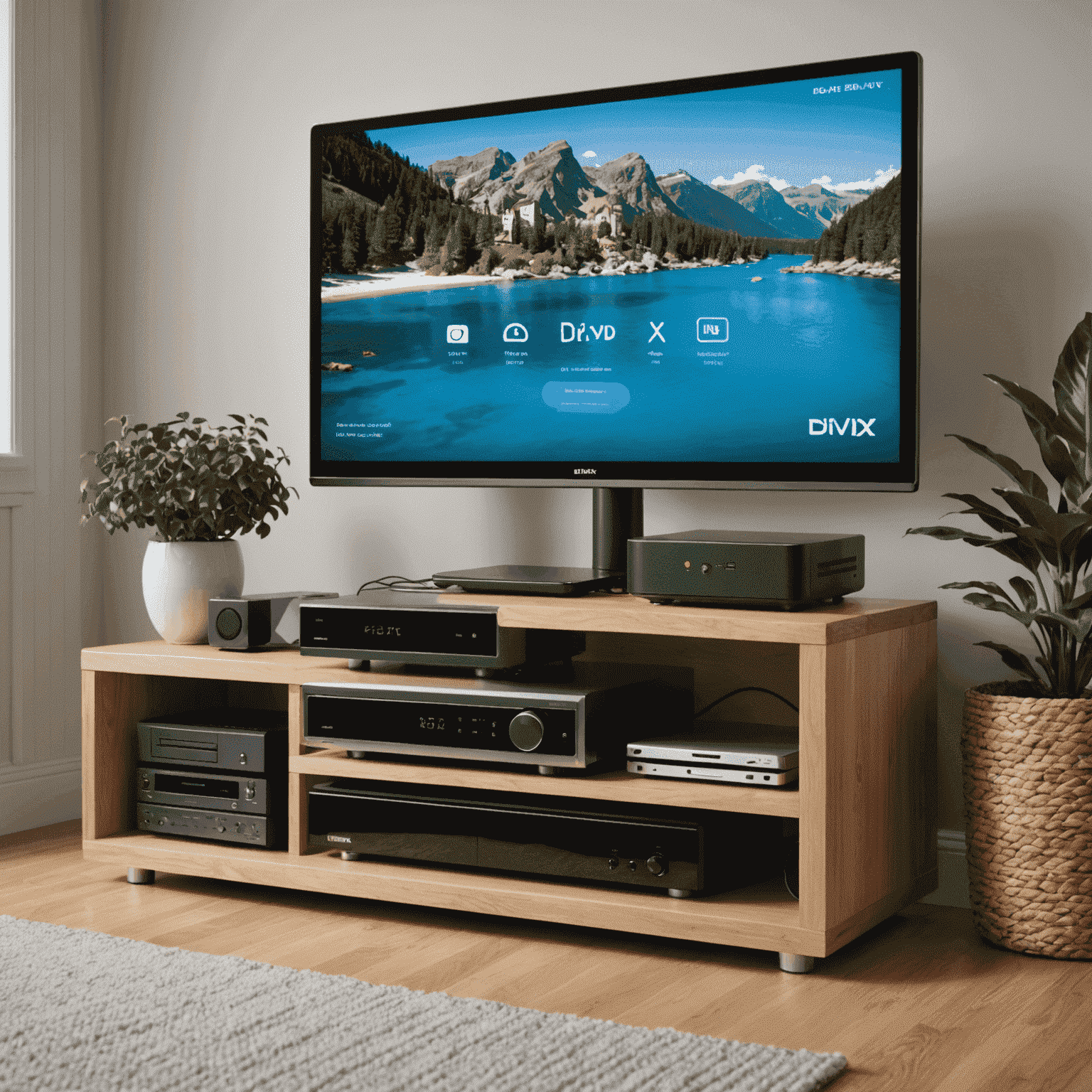 Home network setup with a router, computer, and TV showing DivX streaming interface