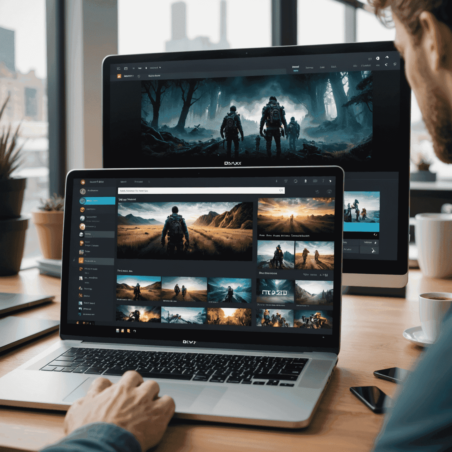 DivX player interface being installed on multiple devices like laptop, smartphone, and tablet