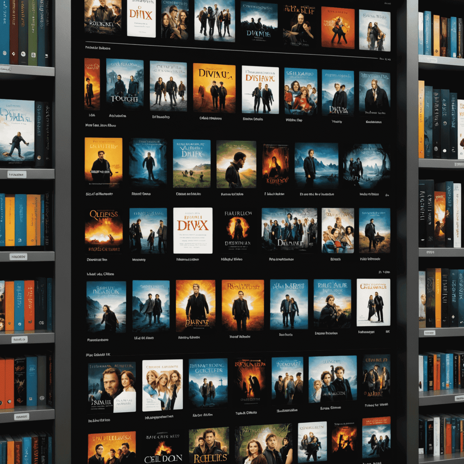 A digital library interface showing a collection of DivX files, including book adaptations and movies
