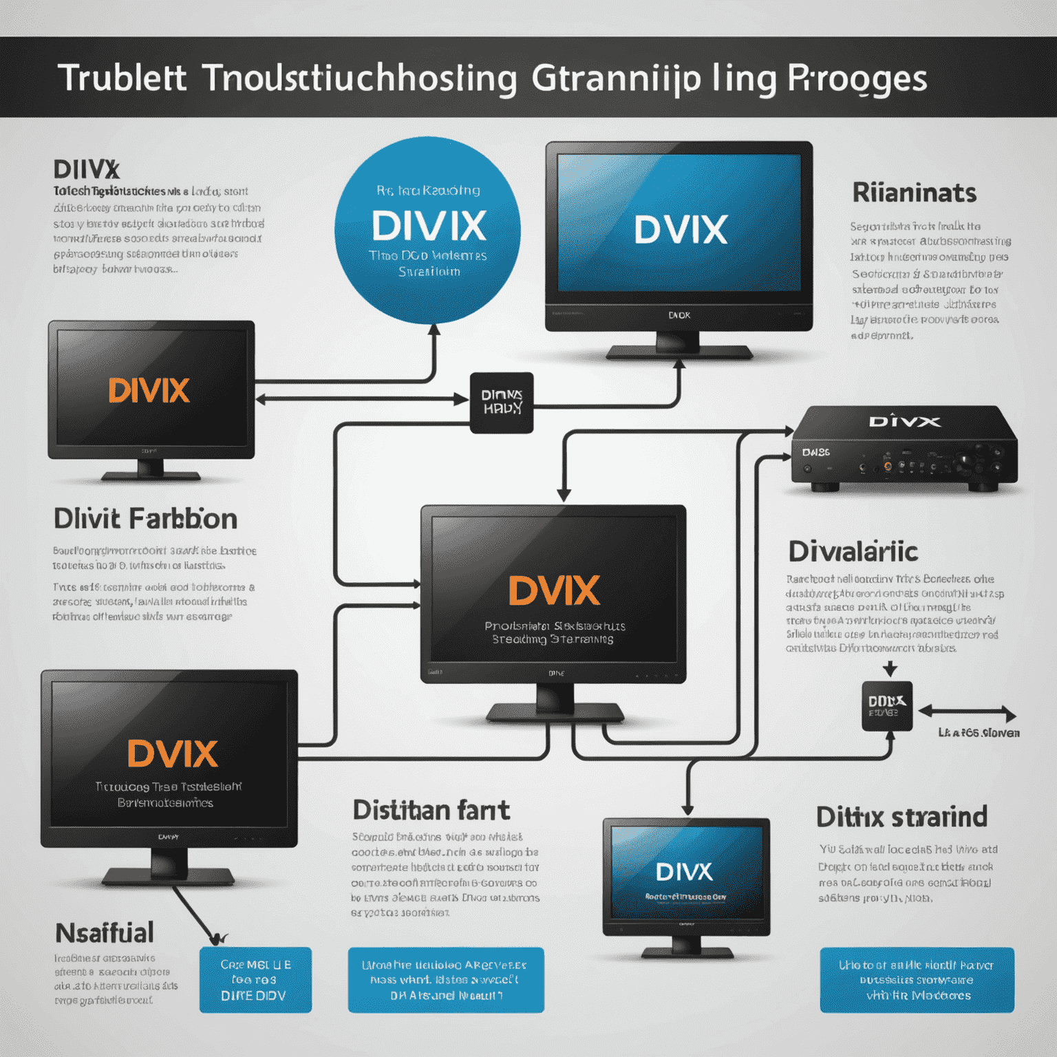 Infographic showing step-by-step troubleshooting process for DivX streaming issues