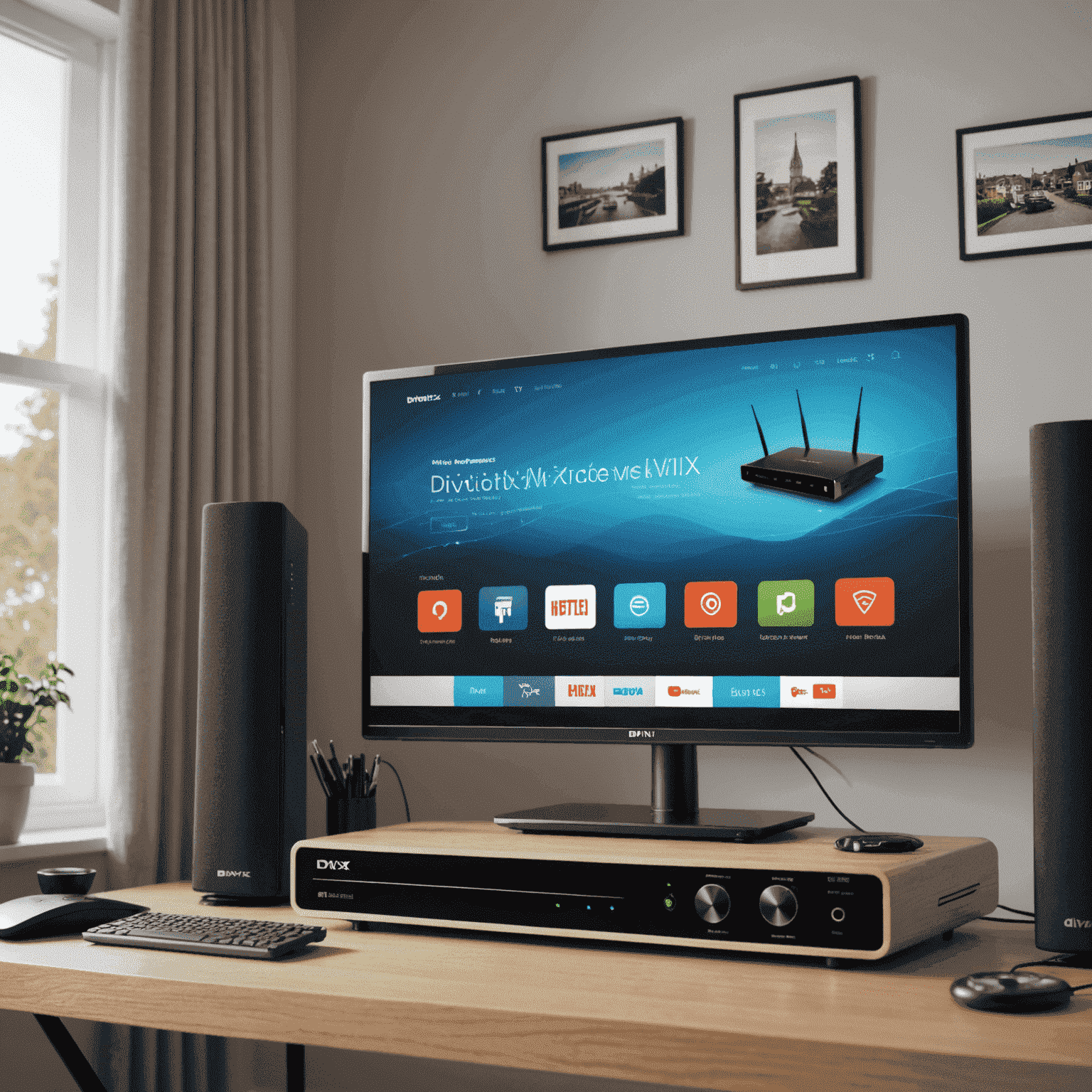 DivX streaming across multiple devices in a home network, showing a router connecting to TV, computer, and mobile devices