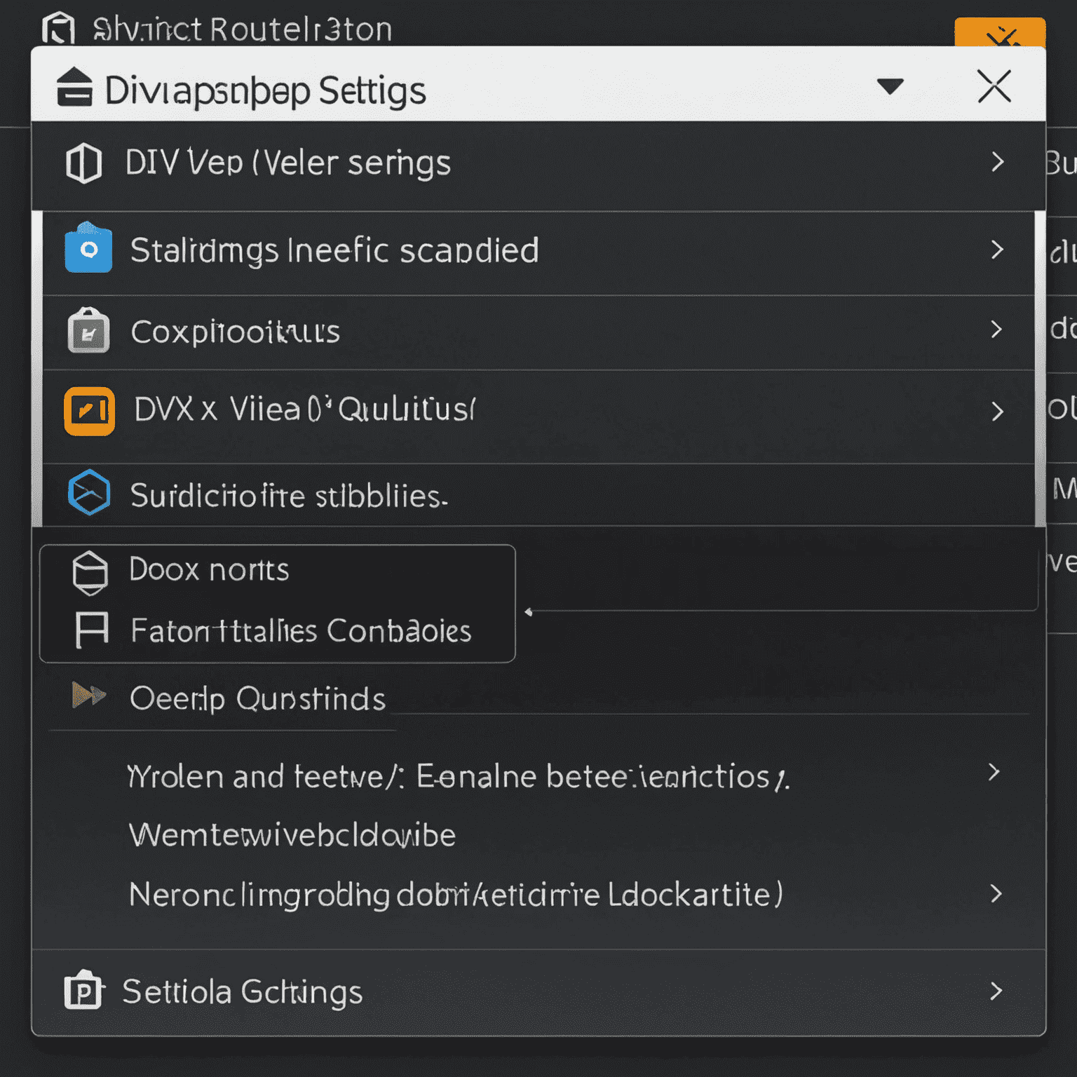 DivX player settings menu showing options for video quality, audio output, and subtitles